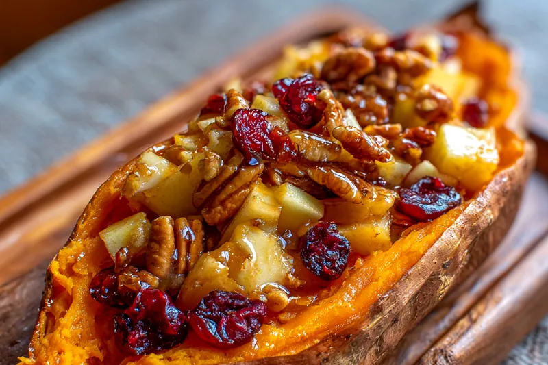 A skillet with sautéed apple filling for Cozy Apple Stuffed Sweet Potatoes, showcasing vibrant colors and textures.