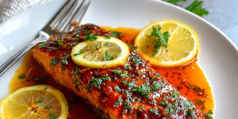 Plate of Baked Cajun Salmon with lemon and parsley