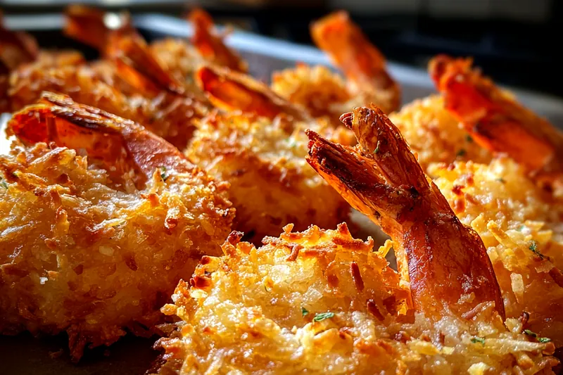 Baked coconut shrimp emerging from the oven, golden and crispy