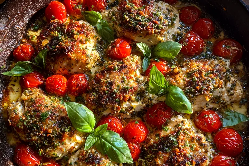 A vibrant display of fresh ingredients for Savory Baked Feta Chicken Delight including chicken, feta cheese, and tomatoes.