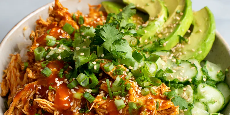 A delicious Bang Bang Chicken Bowl beautifully plated.