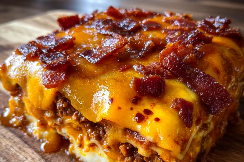 A vibrant display of ingredients for Savory Bacon Cheeseburger Lasagna, including ground beef, bacon, cheese, and noodles.