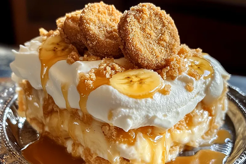 Step-by-step process of layering ingredients for Decadent Biscoff Banana Delight.