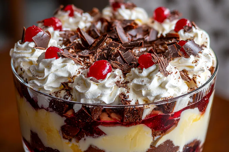 A beautiful display of the ingredients for Decadent Black Forest Trifle, including chocolate cake, cherries, and whipped cream.