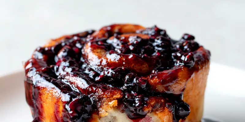Freshly baked blackberry cinnamon rolls on a wooden table