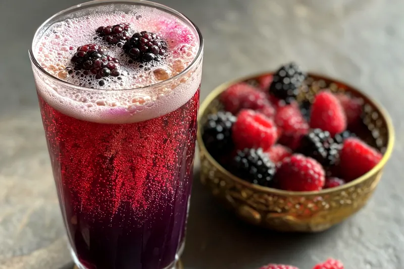 A close-up of the mixing process for Refreshing Blackberry Sparkler, highlighting the muddling of blackberries.
