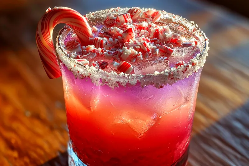 The mixing process of Festive Candy Cane Twist, showcasing the creation of this festive drink.