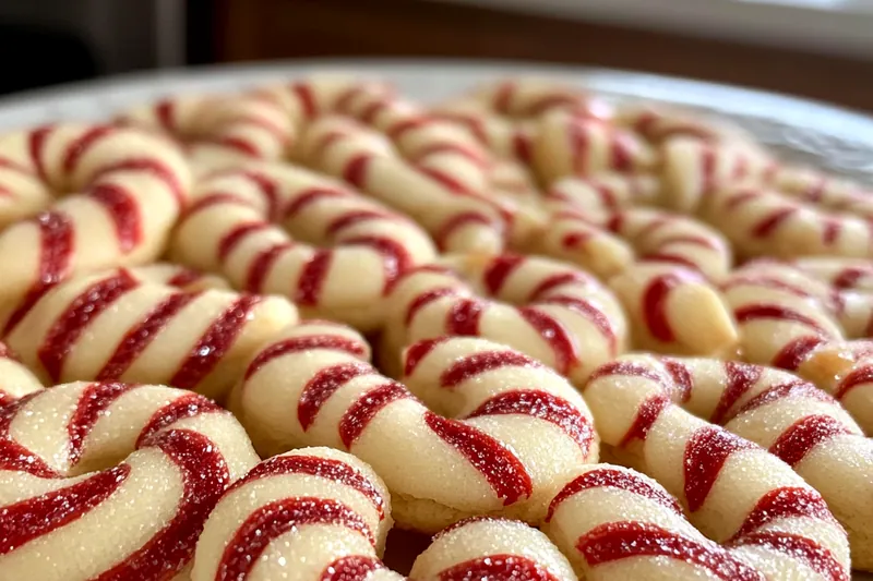 Baking process of Festive Candy Cane Cookies with dough balls ready to go into the oven.