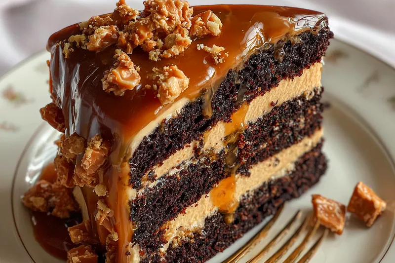 Chef pouring caramel sauce over Caramel Toffee Indulgence Cake as a finishing touch.