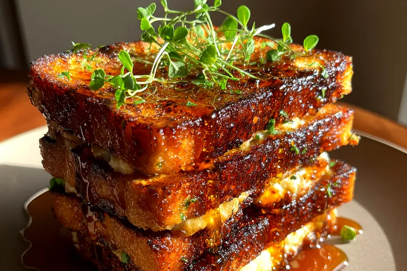 Ingredients for gourmet grilled cheese laid out including thick sourdough bread slices, blocks of cheddar and Gruyère cheese, butter, honey jar, and fresh microgreens