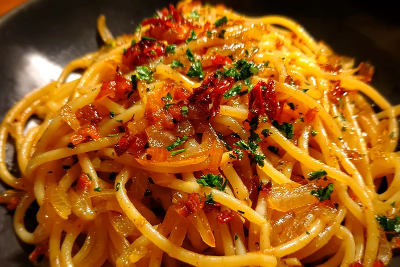 Cooking process for Caramelized Onion Chilli Pasta