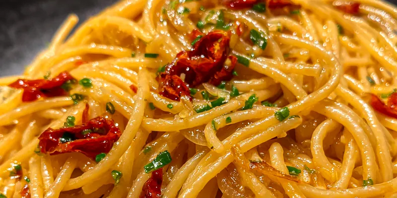 Delicious Caramelized Onion Chilli Pasta served on a plate