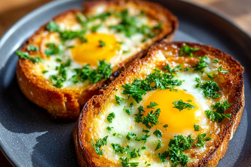 A step-by-step visual of the cooking process for Cheesy Egg Toast Delight, showcasing the egg mixture being poured onto toast.