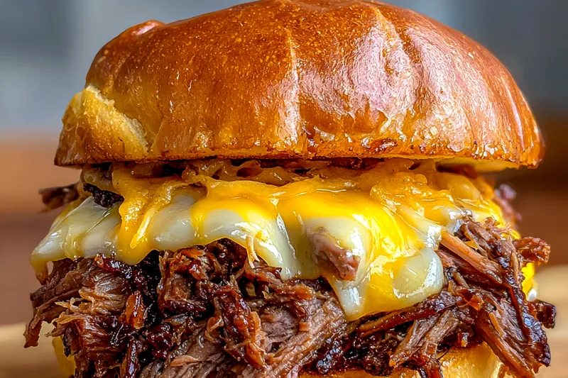 Cooking process for Cheesy Pulled Beef Sandwich