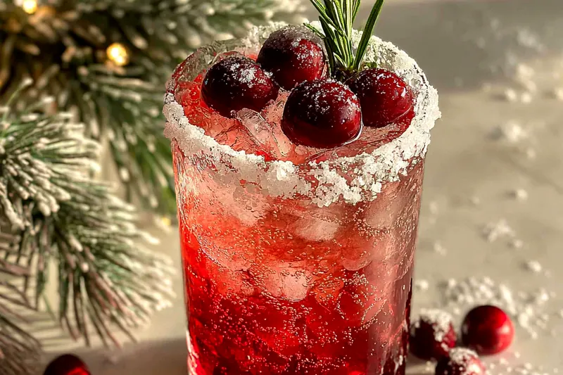 A close-up of a glass of Festive Cherry Fizz Mocktail, showcasing the vibrant color and garnishes, ready to be enjoyed.