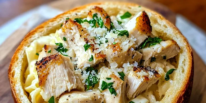 A delicious Creamy Chicken Alfredo served in a crispy bread bowl, topped with fresh parsley.