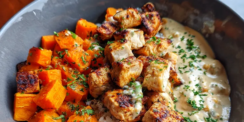 A vibrant bowl of Savory Chicken Sweet Potato Bowl filled with colorful ingredients and served in a rustic bowl.