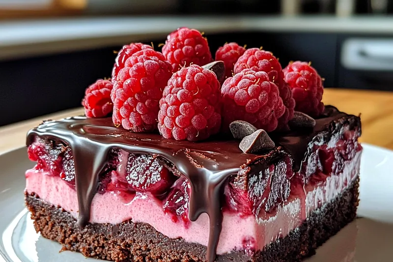 The process of baking the Decadent Chocolate Raspberry Cake, with batter poured into pans and ready to go into the oven.