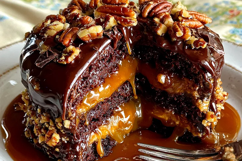 Process of baking the Chocolate Turtle Cake in the oven.