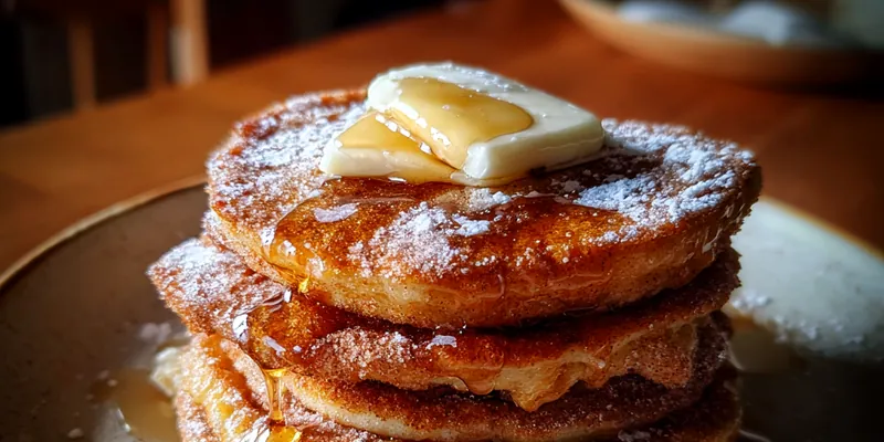 A stack of Churro Pancake Delight topped with chocolate sauce and cinnamon sugar, served on a white plate with a sprig of mint.