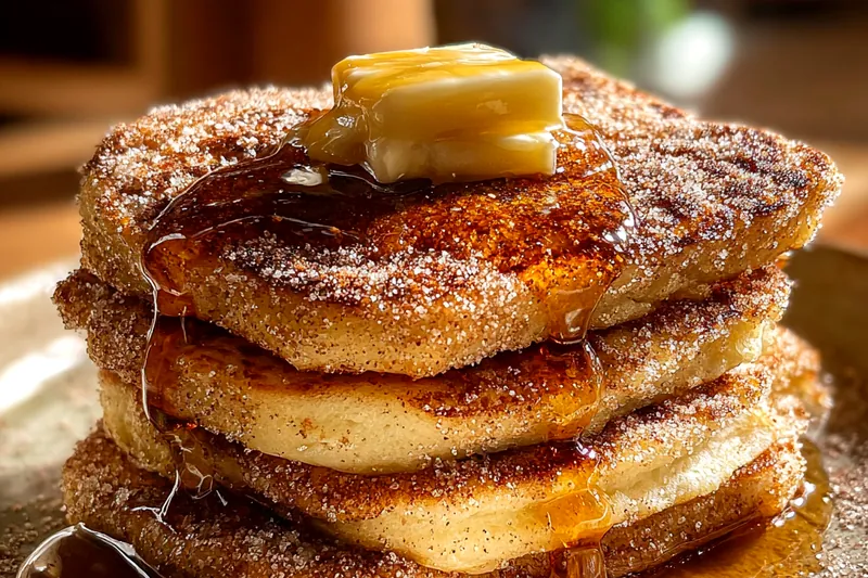 Ingredients for Churro Pancake Delight arranged on a kitchen counter including flour, sugar, cinnamon, and chocolate sauce.