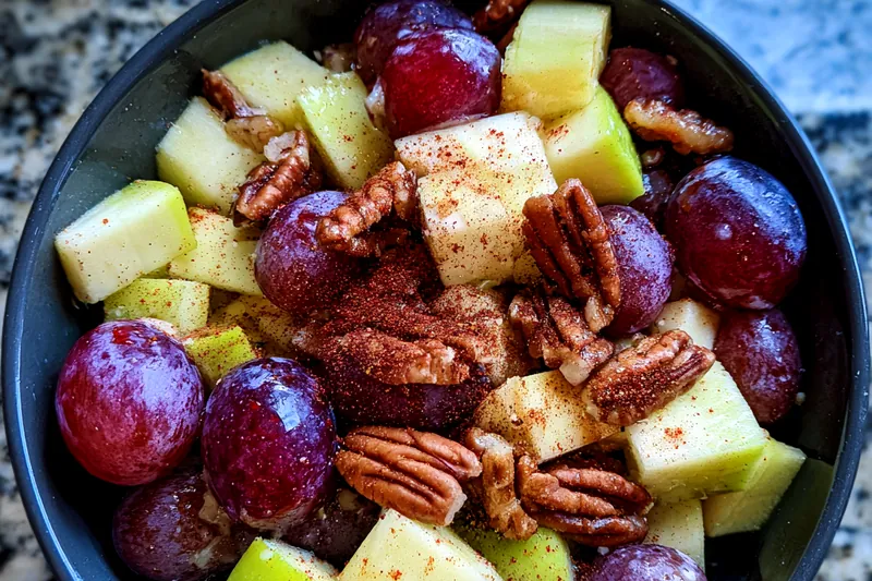A colorful display of fresh ingredients for Refreshing Cinnamon Grape Salad including grapes, walnuts, and yogurt.