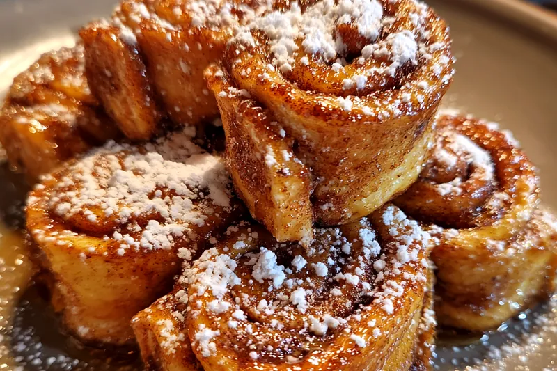 Cooking process of Cinnamon French Roll-Ups showing roll-ups in the baking dish.