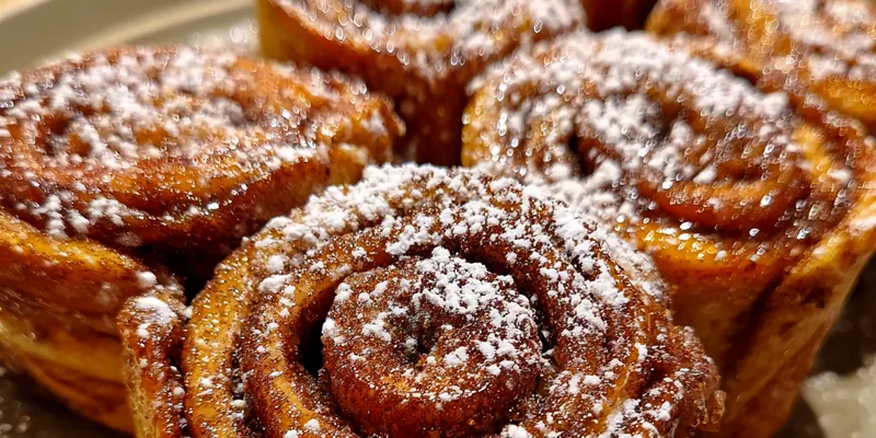 Golden brown Cinnamon French Roll-Ups drizzled with icing, served on a rustic plate.