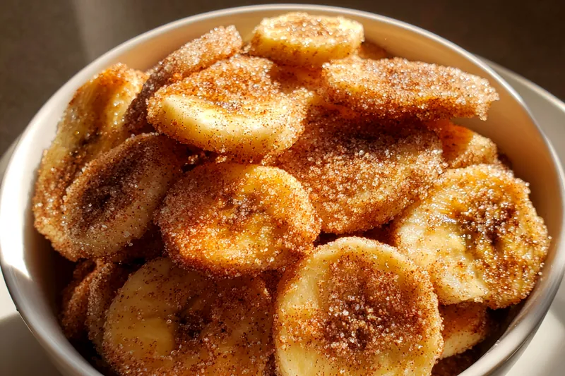 Simple ingredients for banana chips including fresh bananas, cinnamon, sugar, and lemon on a white surface