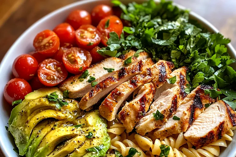 Step-by-step cooking process of making Hearty Cobb Pasta Salad, showcasing vibrant ingredients.