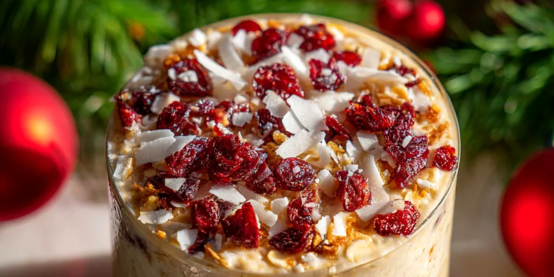 A vibrant bowl of Coconut Cranberry Overnight Oats garnished with fresh cranberries and shredded coconut, set against a bright background.