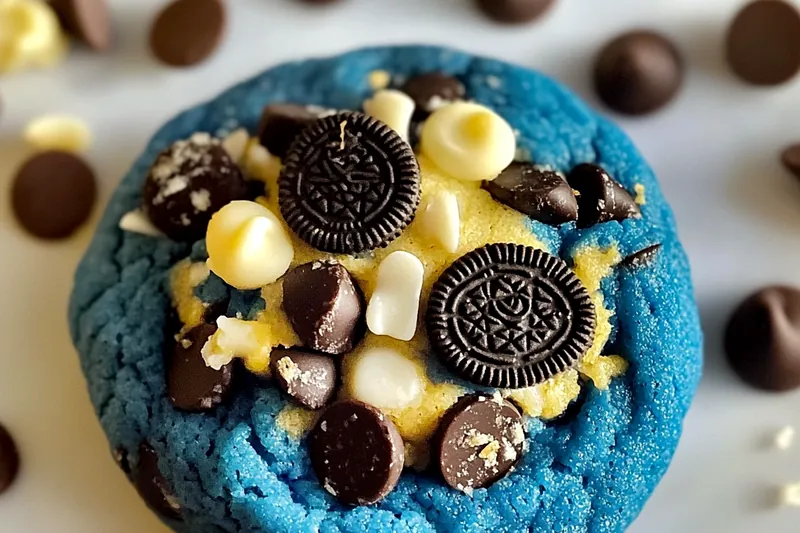 A step-by-step process of baking Delicious Cookie Monster Treats with vibrant blue frosting and cookie decorations.