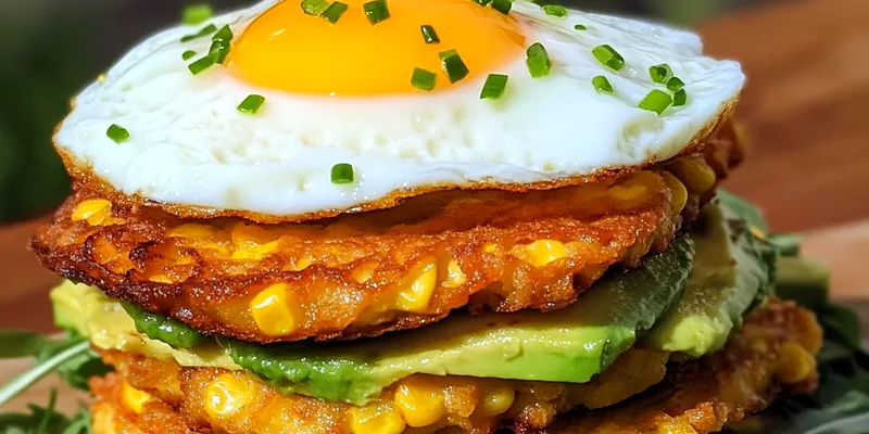 A beautifully plated Hearty Corn Fritter Stack topped with fresh green onions and creamy sauce, showcasing the crispy texture.