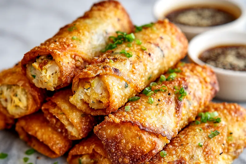 Frying crab cake egg rolls until golden brown