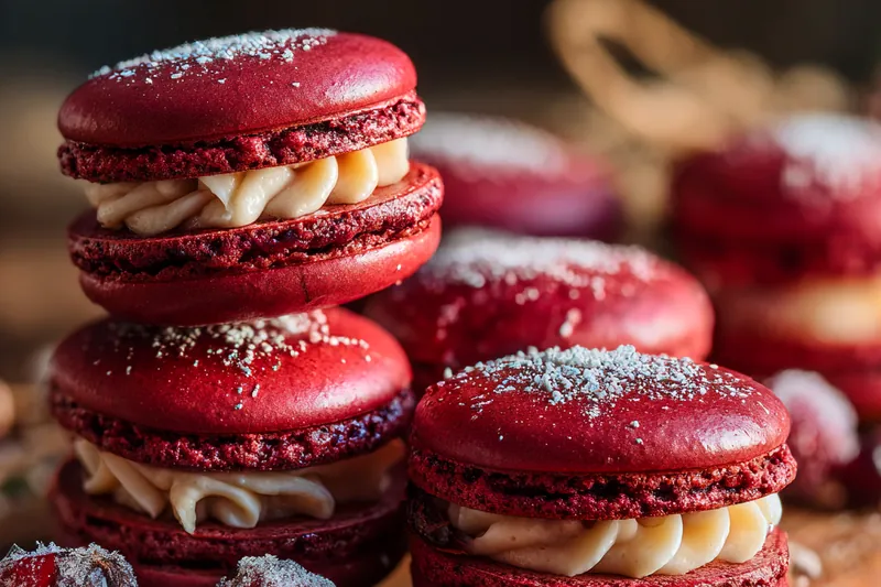 A colorful assortment of ingredients for Festive Cranberry Orange Macarons on a rustic wooden table.