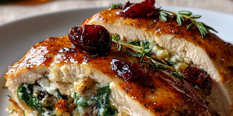 Delicious Cranberry Spinach Brie Chicken served on a plate