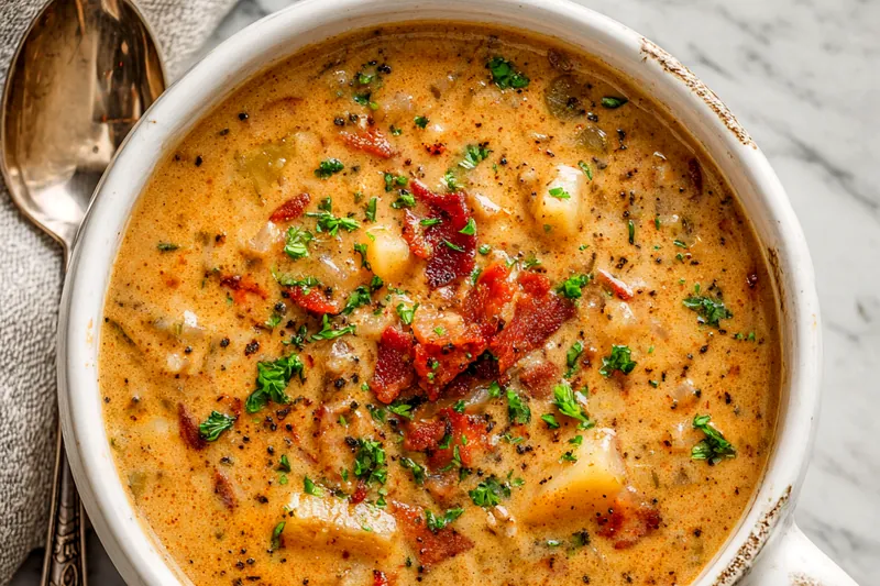 Cooking process of creamy Cajun potato soup in a slow cooker