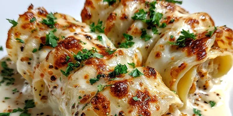 Delicious Creamy Alfredo Lasagna Rolls served on a plate