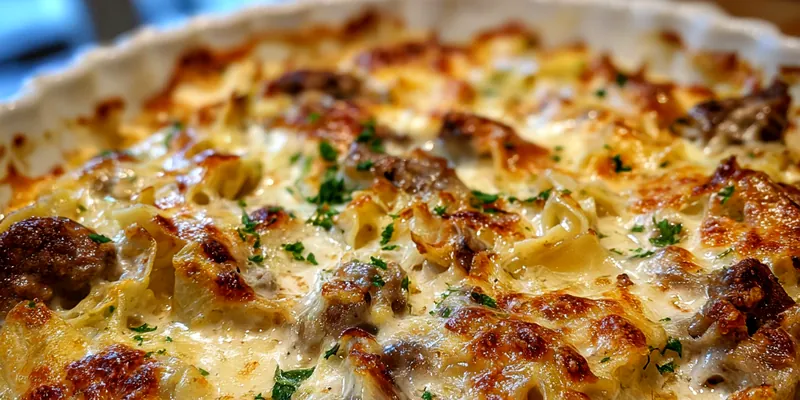 Delicious Creamy Beef Noodle Bake served on a plate