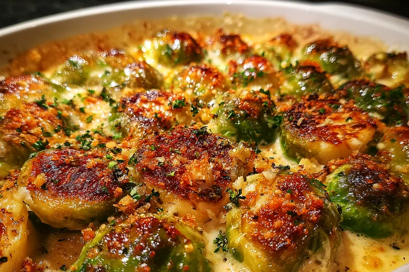 Ingredients for Delicious Boursin Brussels Gratin displayed on a wooden countertop.