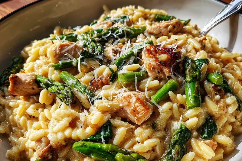 Cooking process for Creamy Chicken Asparagus Orzo