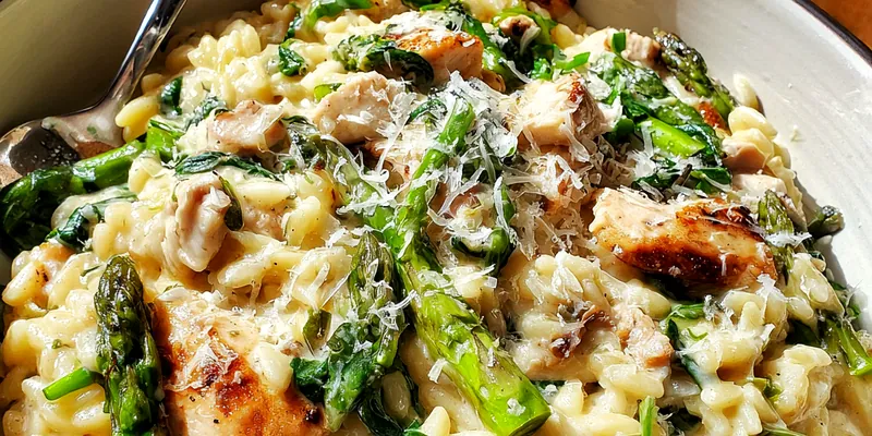 Delicious Creamy Chicken Asparagus Orzo served on a plate