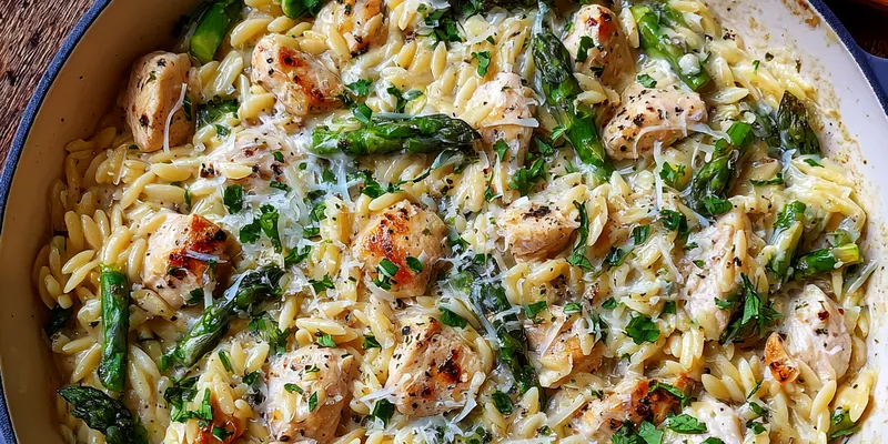 Delicious Creamy Chicken Orzo with Asparagus and Parmesan served on a plate