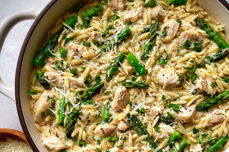 Fresh ingredients for Creamy Chicken Orzo with Asparagus and Parmesan