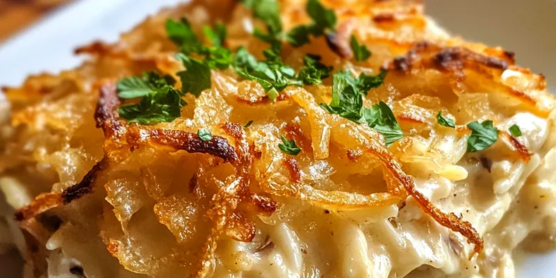 A beautifully baked creamy chicken orzo dish topped with melted cheese and fresh herbs.