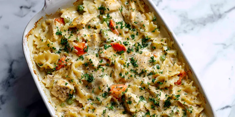 A bowl of creamy chicken pot pie pasta topped with fresh parsley