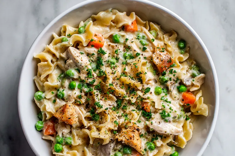 Ingredients for creamy chicken pot pie pasta laid out on a wooden surface