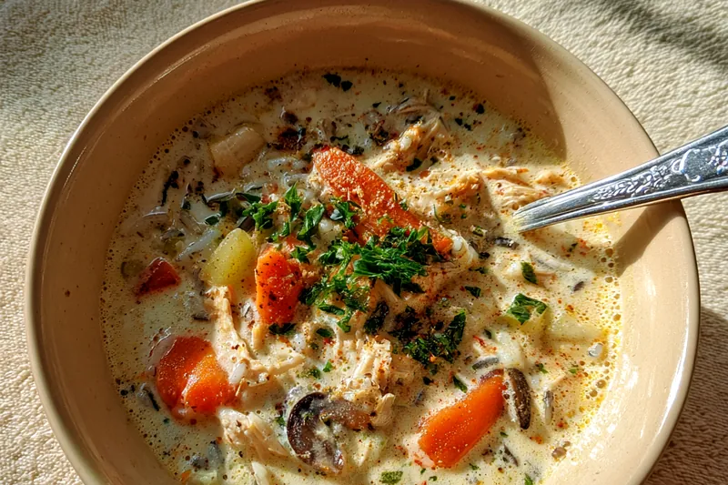 Fresh ingredients for Creamy Chicken Wild Rice Soup, including chicken, wild rice, and vegetables.