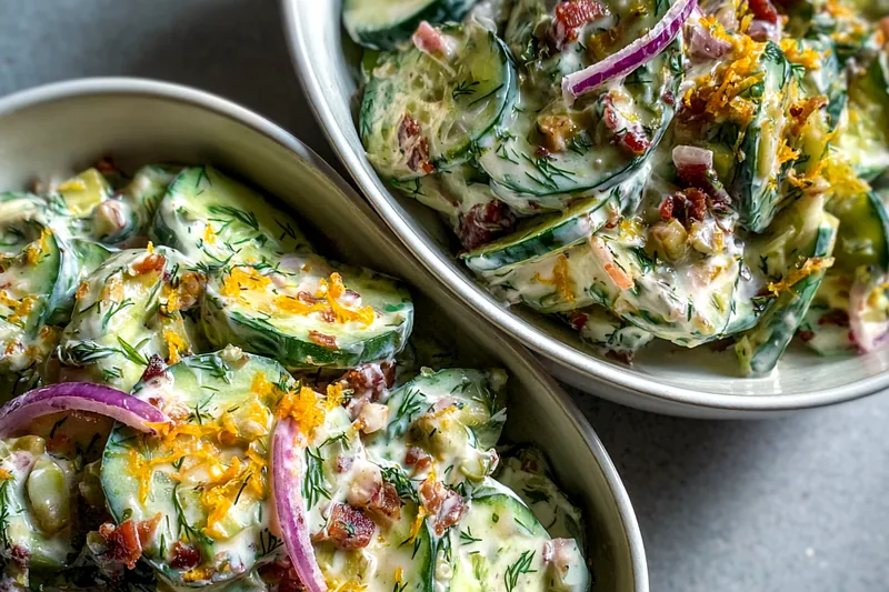 Fresh ingredients for Creamy Cucumber Bacon Salad