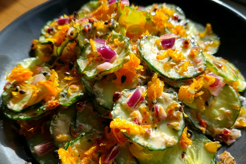 Fresh ingredients for Creamy Cucumber Cheese Salad